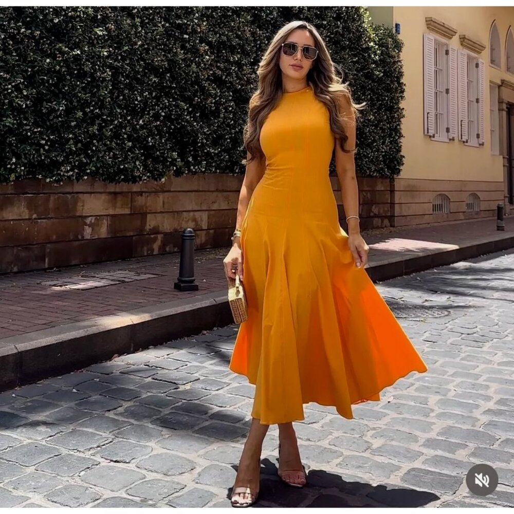 ZARA Women $129 Flounced skirt midi swing DRESS ORANGE 3006/653 S M NWT